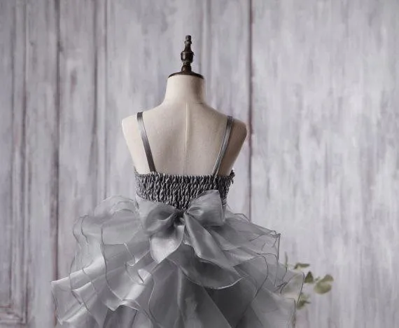 Dark Grey Sequin Organza Bustled Flower Tutu Dresses, Cheap Popular Flower Girl Dresses, FGY0114