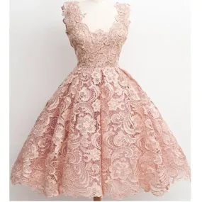 Dark Pink Lace Floral prints Vintage tea length elegant casual homecoming prom dresses,BDY0132