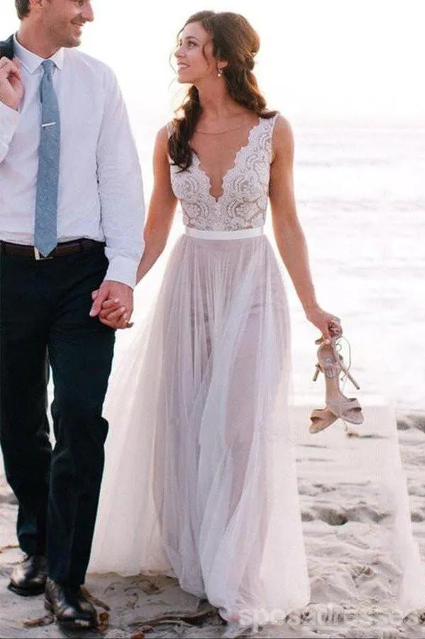 Deep V Neckline Lace Beach Wedding Dresses,  Sexy Long Custom Wedding Gowns, 17104