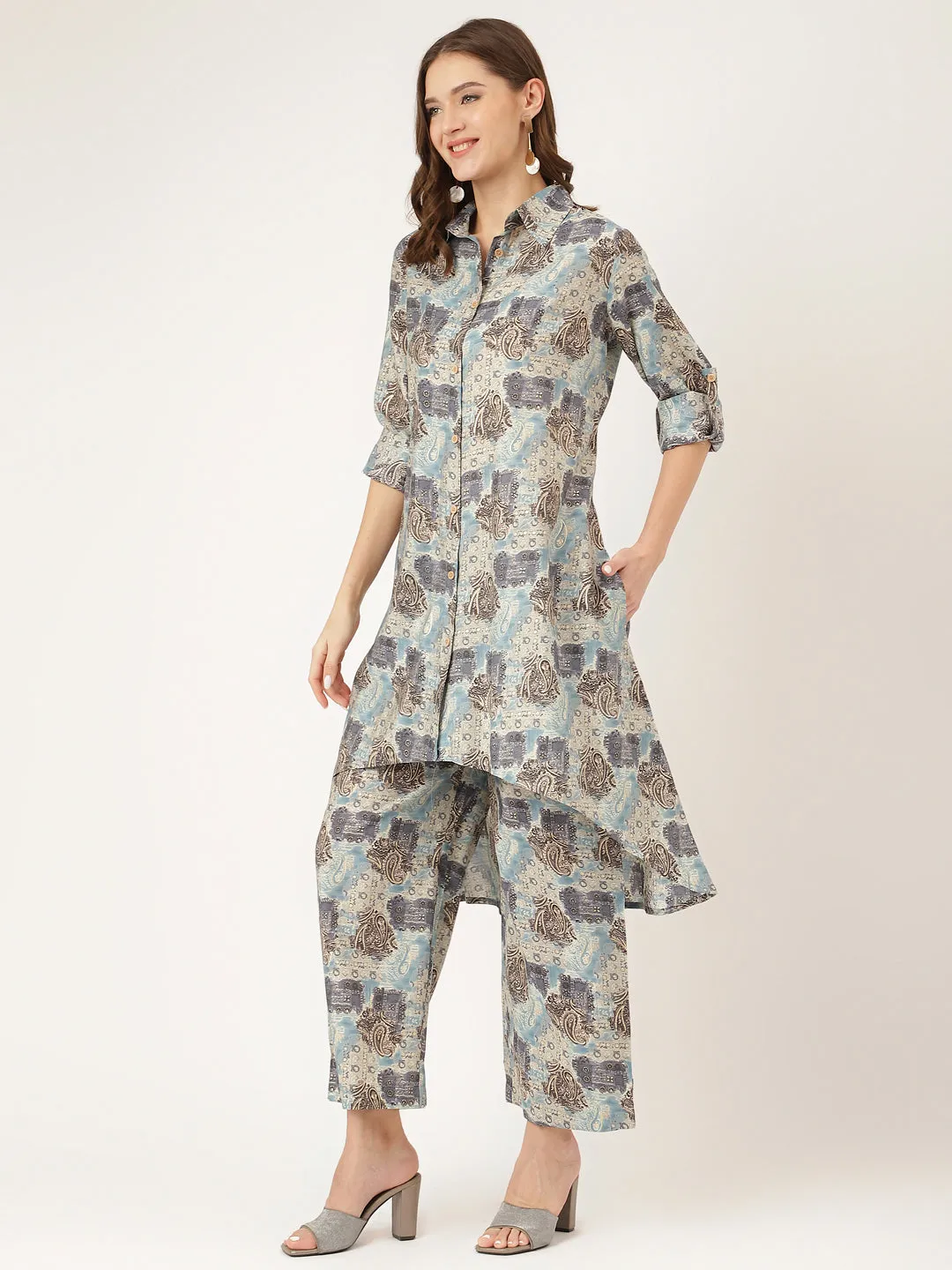 Divena Blue Foil Printed Chanderi Co-ord Set