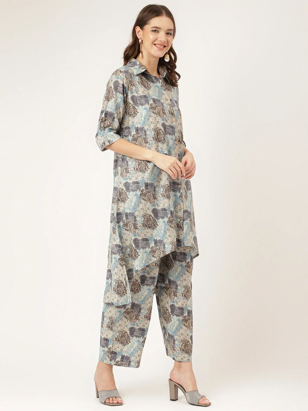 Divena Blue Foil Printed Chanderi Co-ord Set