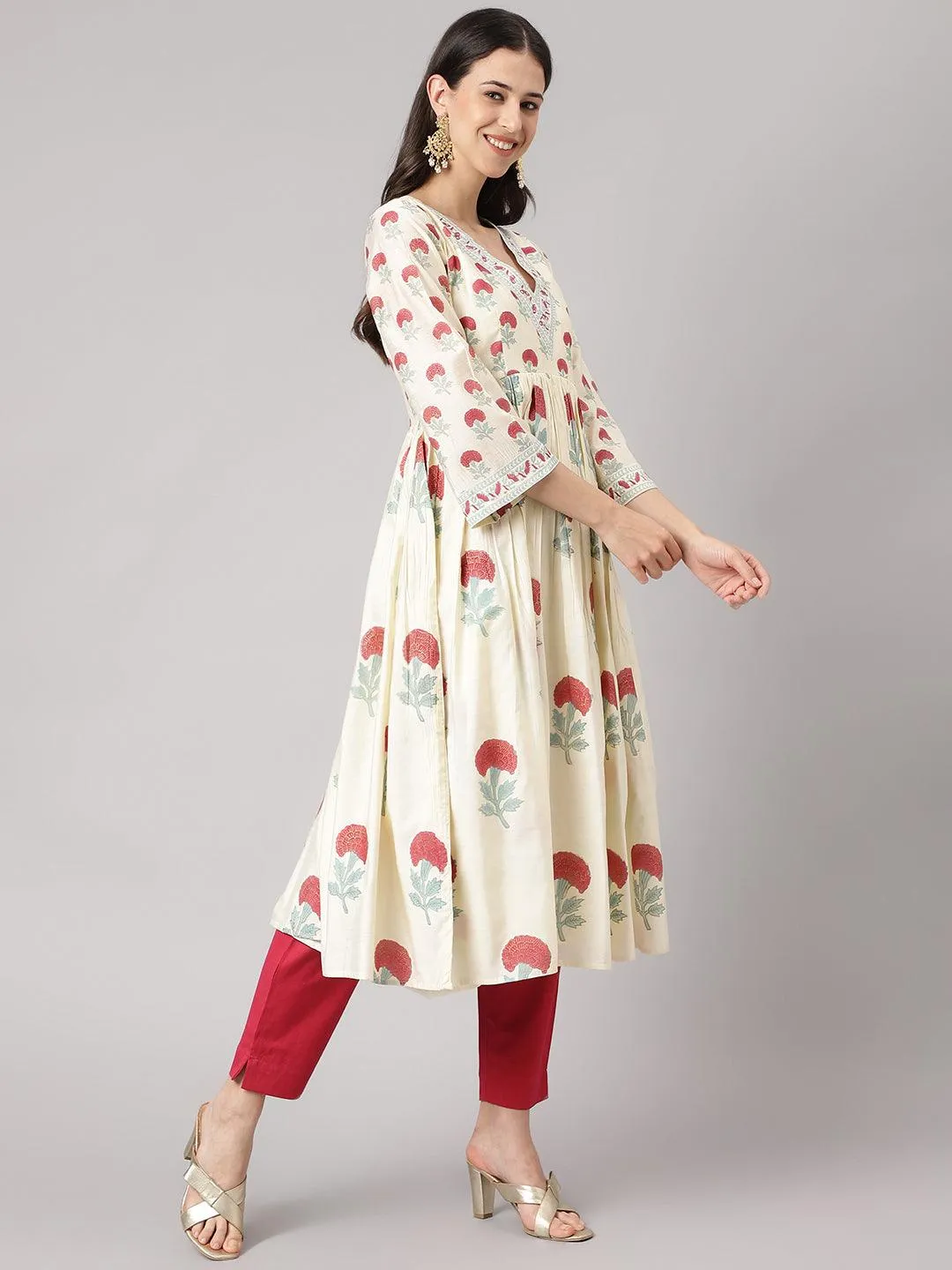 Divena Cream Chanderi Floral Anarkali Kurta Pant Set with Dupatta