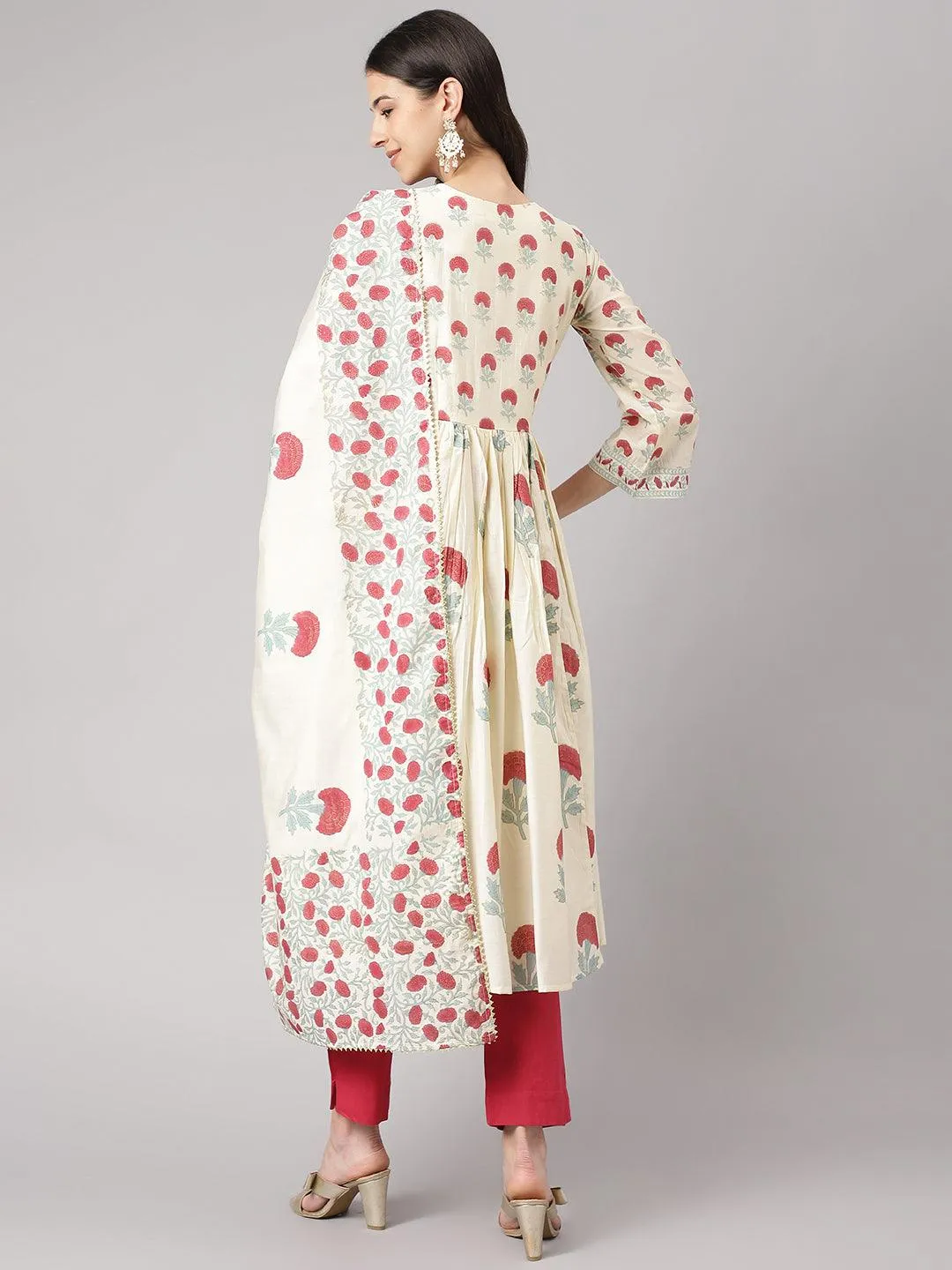 Divena Cream Chanderi Floral Anarkali Kurta Pant Set with Dupatta