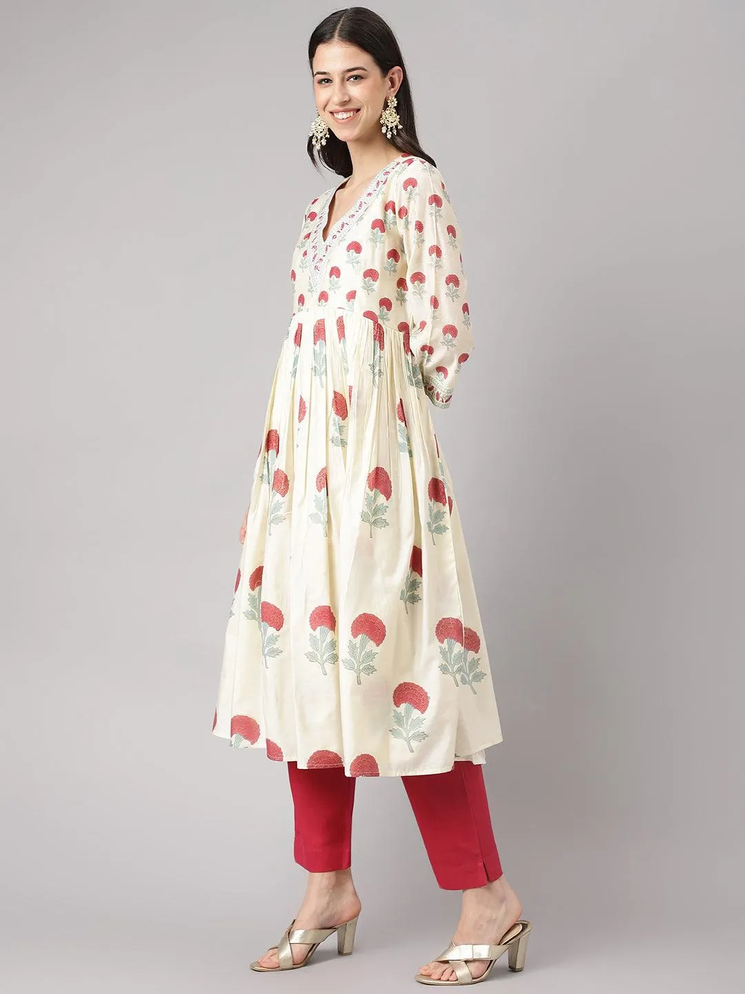 Divena Cream Chanderi Floral Anarkali Kurta Pant Set with Dupatta