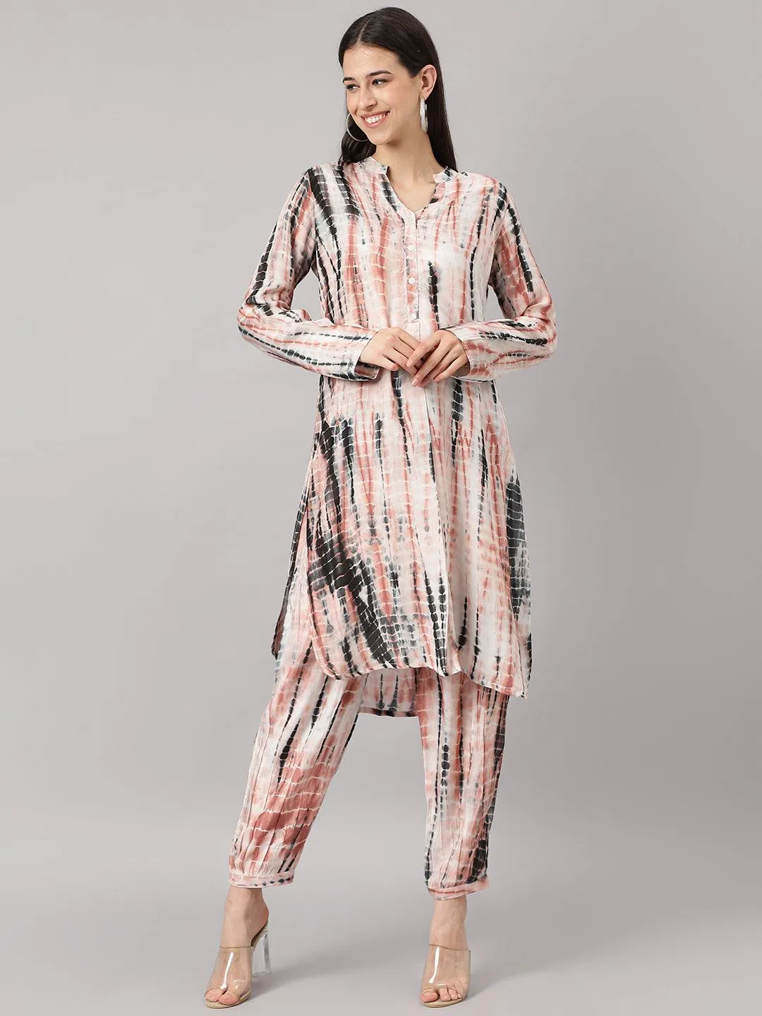 Divena Cream Muslin Tie and Dye Kurta with Ham Cuffed Pant Set