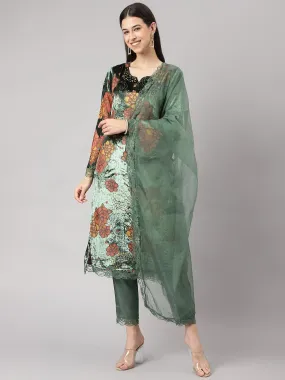 Divena Green Burn out Velvat Kurta Haram Pant with Organza Dupatta