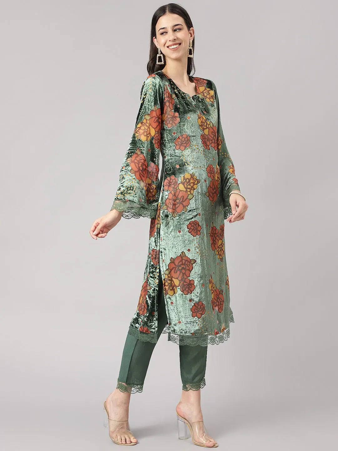 Divena Green Burn out Velvat Kurta Haram Pant with Organza Dupatta