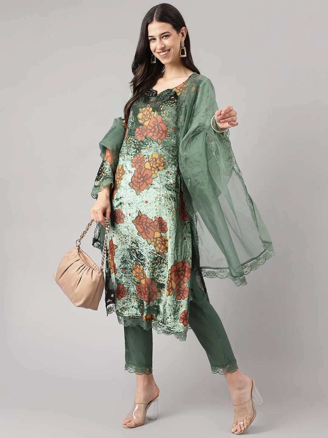 Divena Green Burn out Velvat Kurta Haram Pant with Organza Dupatta