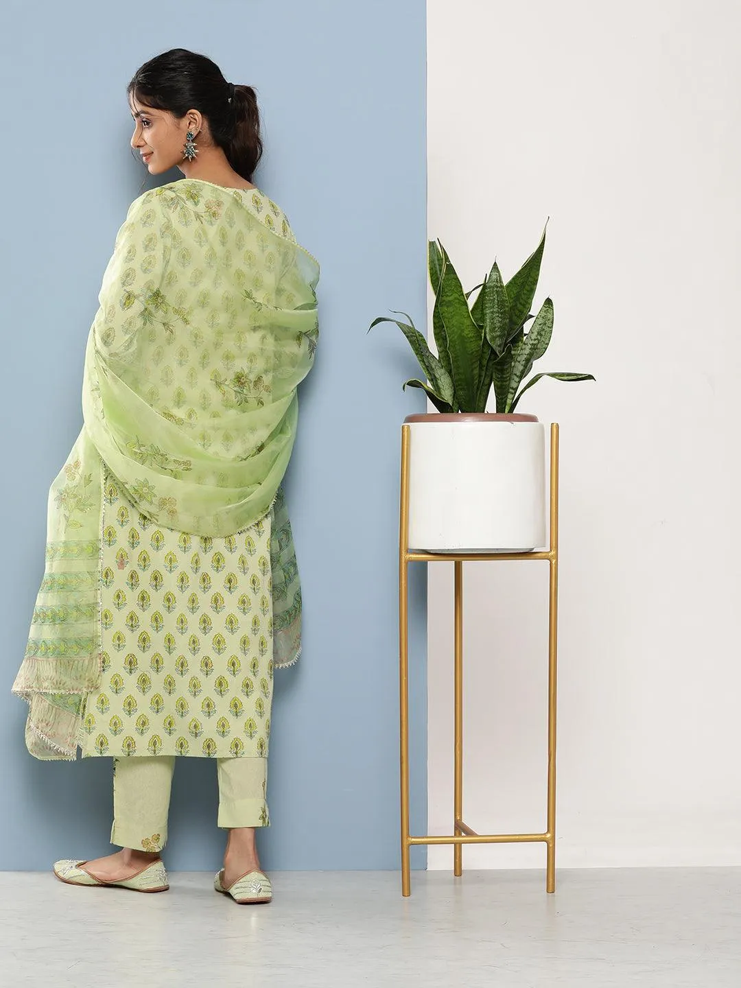 Divena Green Cotton Straight pant set with Organza Dupatta