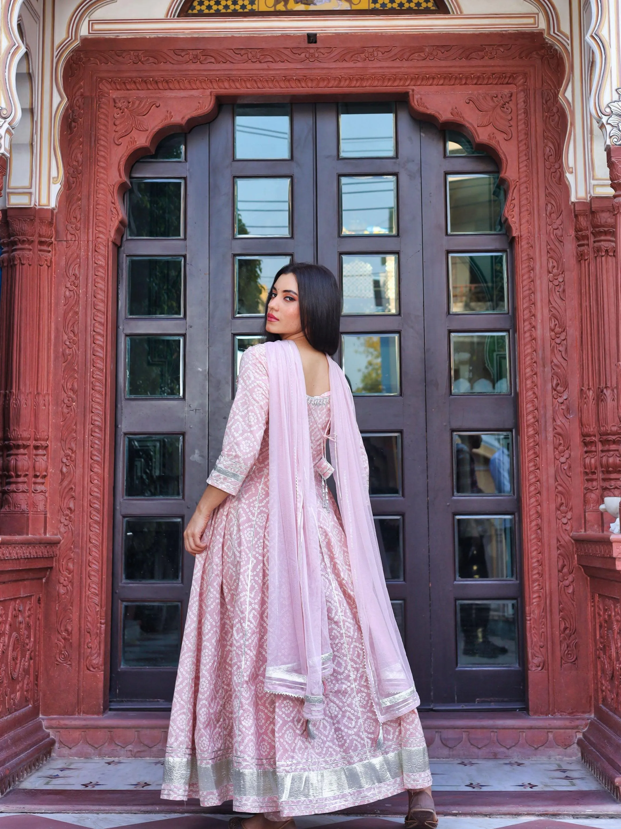 Divena Light Pink Cotton Anarkali Kurta Pant set with Net Dupatta