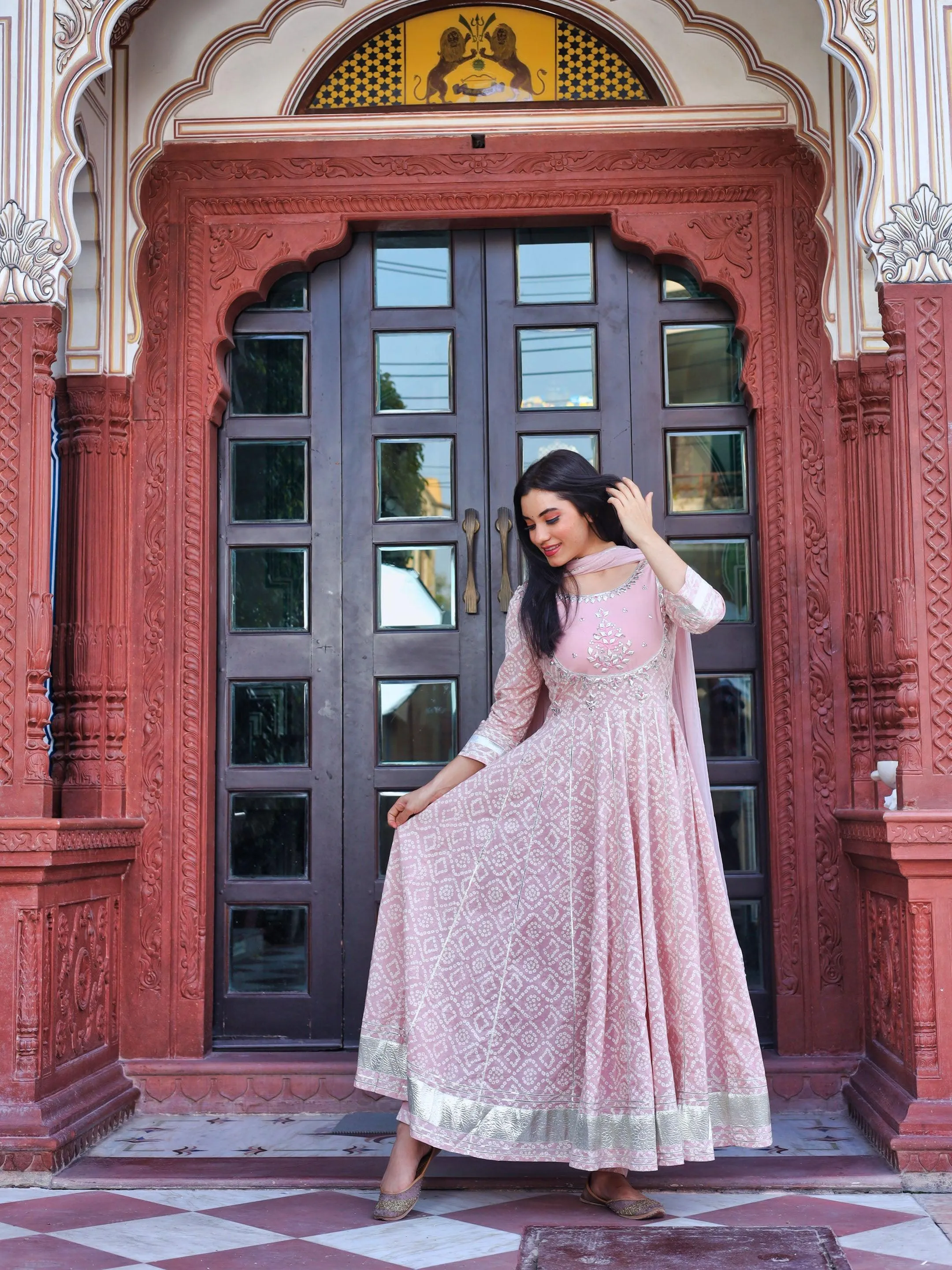 Divena Light Pink Cotton Anarkali Kurta Pant set with Net Dupatta