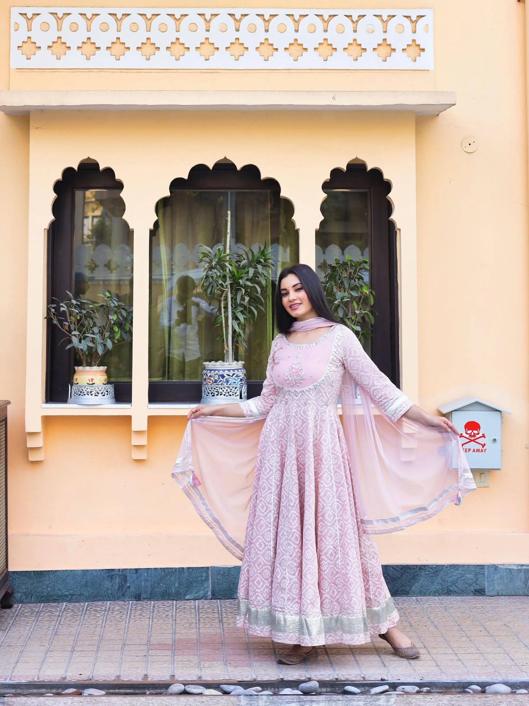 Divena Light Pink Cotton Anarkali Kurta Pant set with Net Dupatta