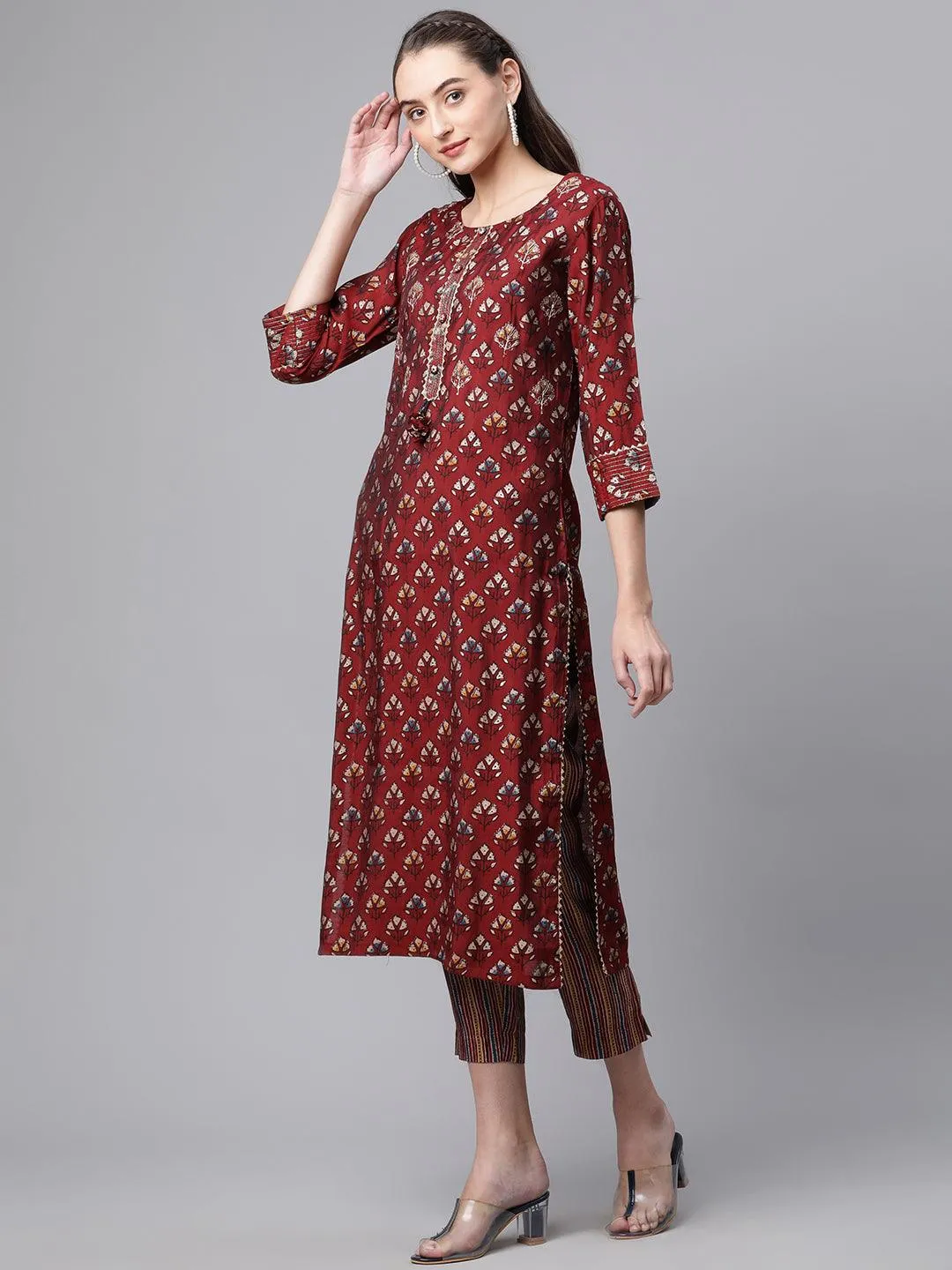 Divena Maroon Chanderi Kurta pant set