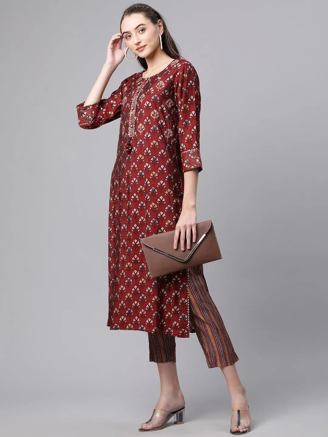 Divena Maroon Chanderi Kurta pant set