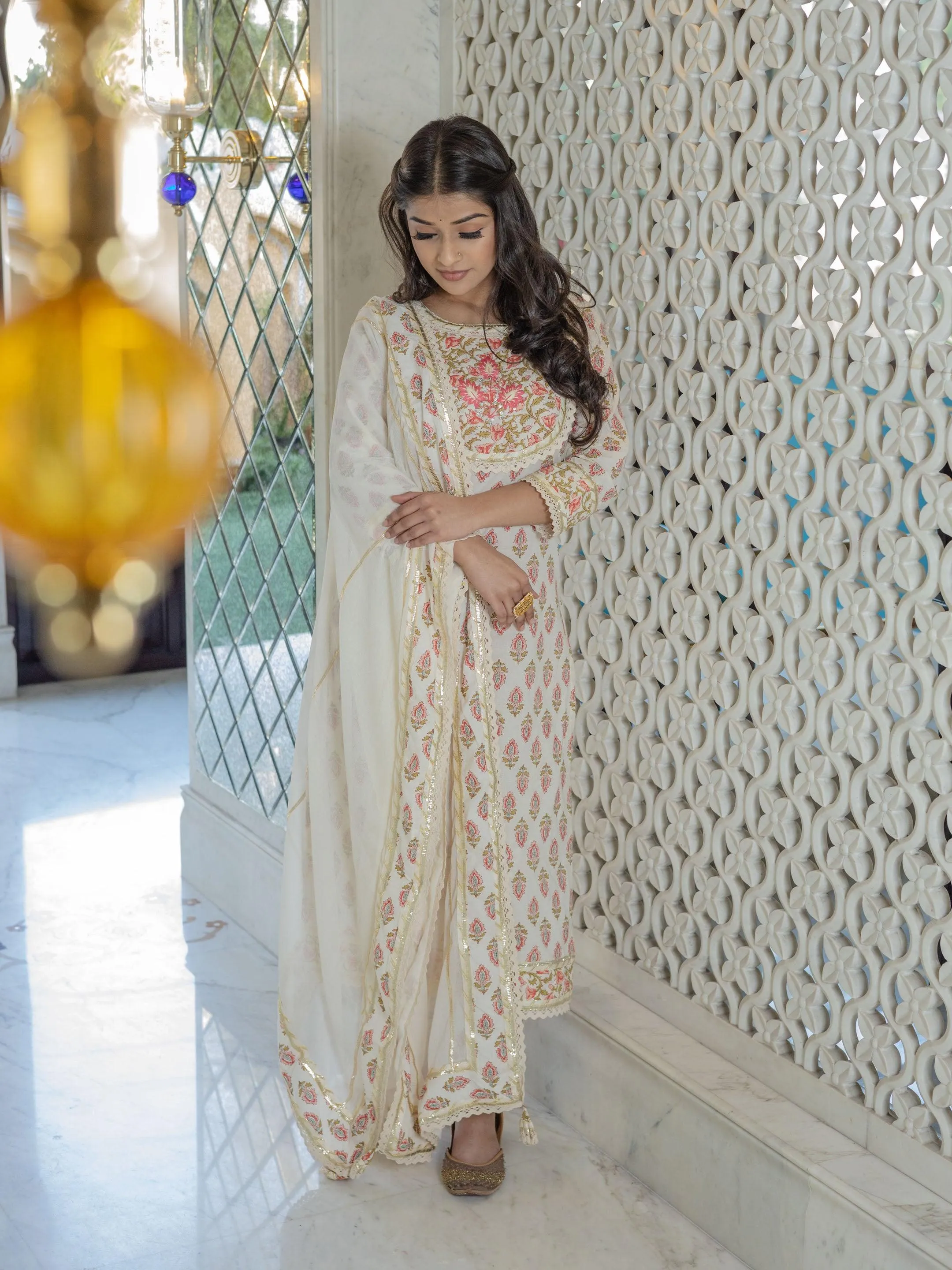 Divena Off white Cotton Straight Kurta Pant set with Dupatta