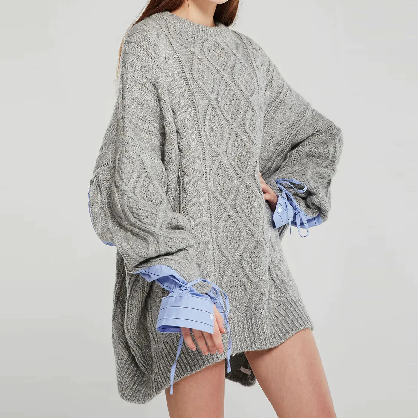 Drawstring Shirt Sleeve Panel Fisherman Knit Oversized Sweater