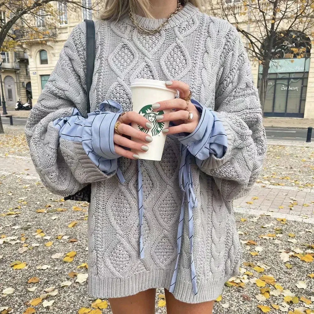 Drawstring Shirt Sleeve Panel Fisherman Knit Oversized Sweater