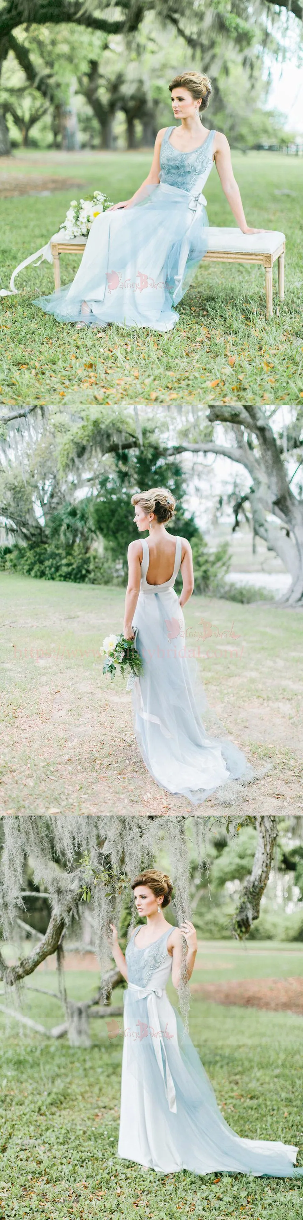 Dusty Blue Tulle Sparkly Rhinestone Scoop Backless Wedding Dresses,DB0150