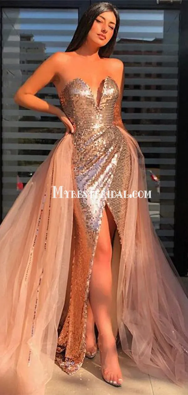 Elegant Bling Strapless V-neck Split A-line Long Prom Dresses, PDS0130