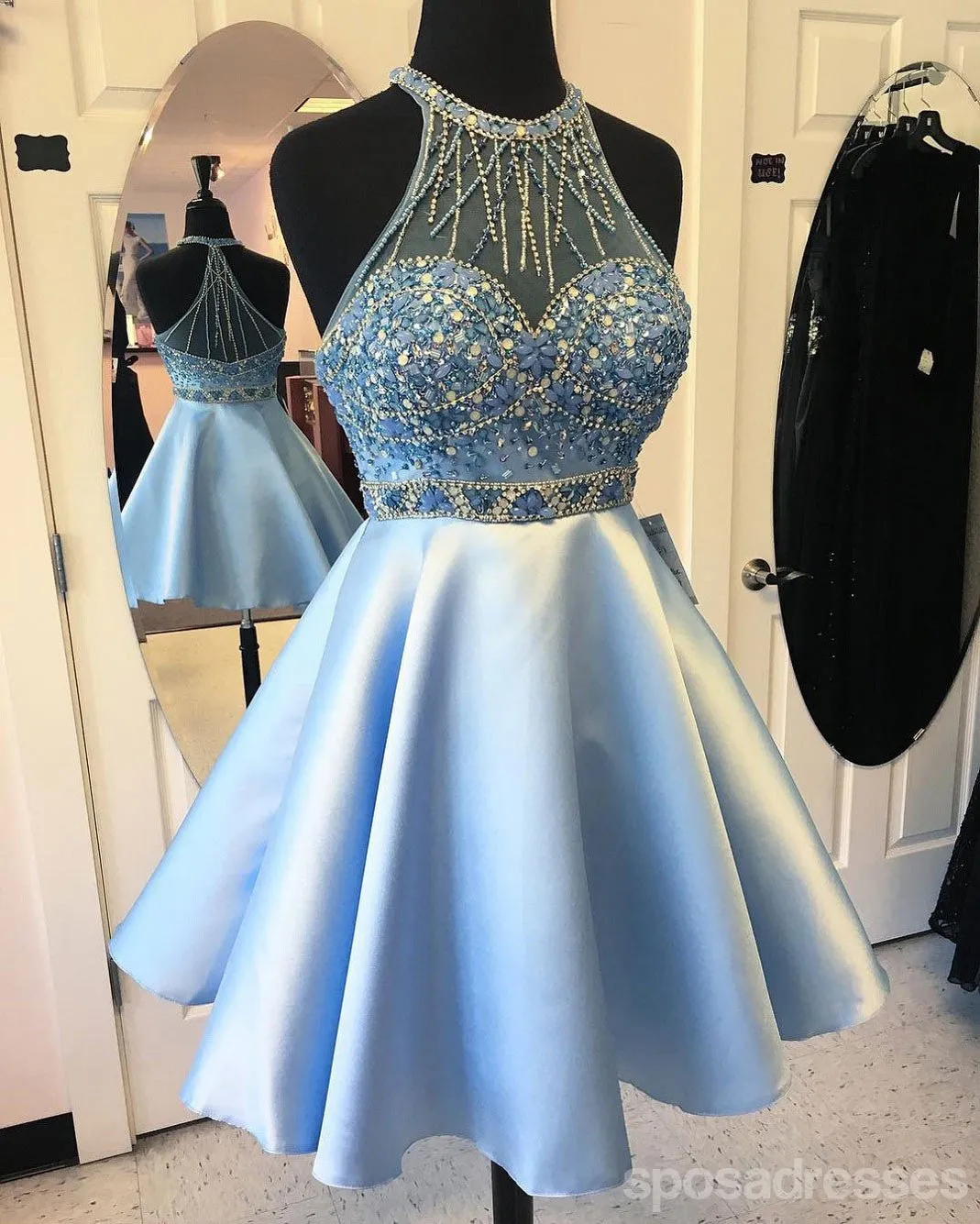 Elegant Blue Halter Beaded Cheap Short Homecoming Dresses Online, CM597