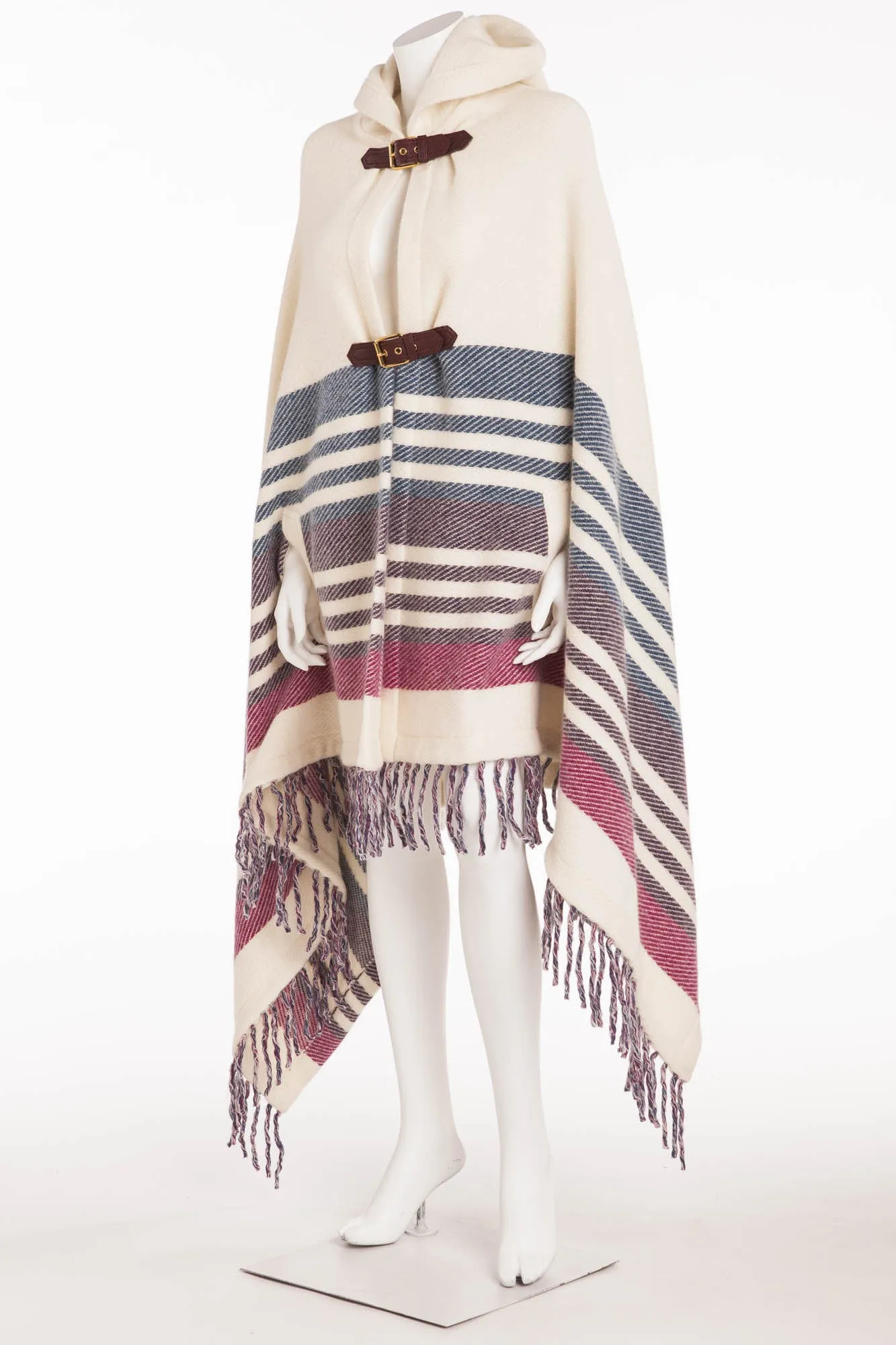 Emilio Pucci - White Blue Purple Pink Poncho Fringe Bottom with Leather Buckle  - M