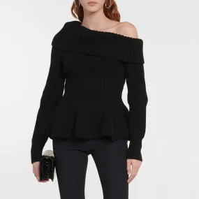 Feminine Folded Collar One Shoulder Ribbed Knit Peplum Sweater