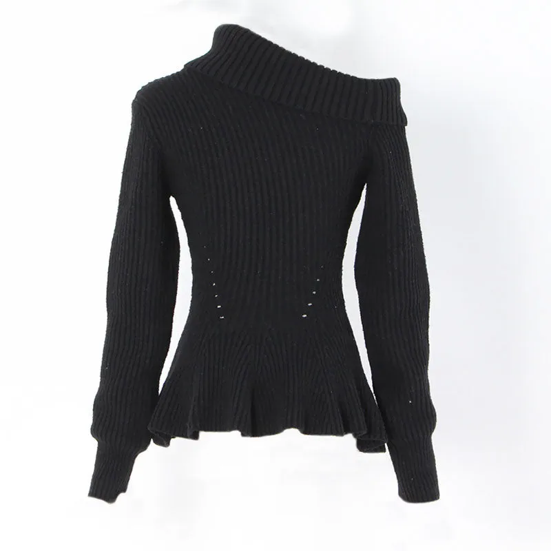 Feminine Folded Collar One Shoulder Ribbed Knit Peplum Sweater