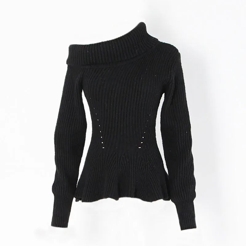 Feminine Folded Collar One Shoulder Ribbed Knit Peplum Sweater