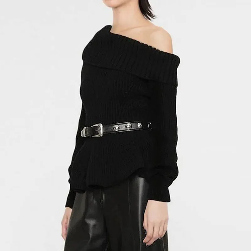 Feminine Folded Collar One Shoulder Ribbed Knit Peplum Sweater