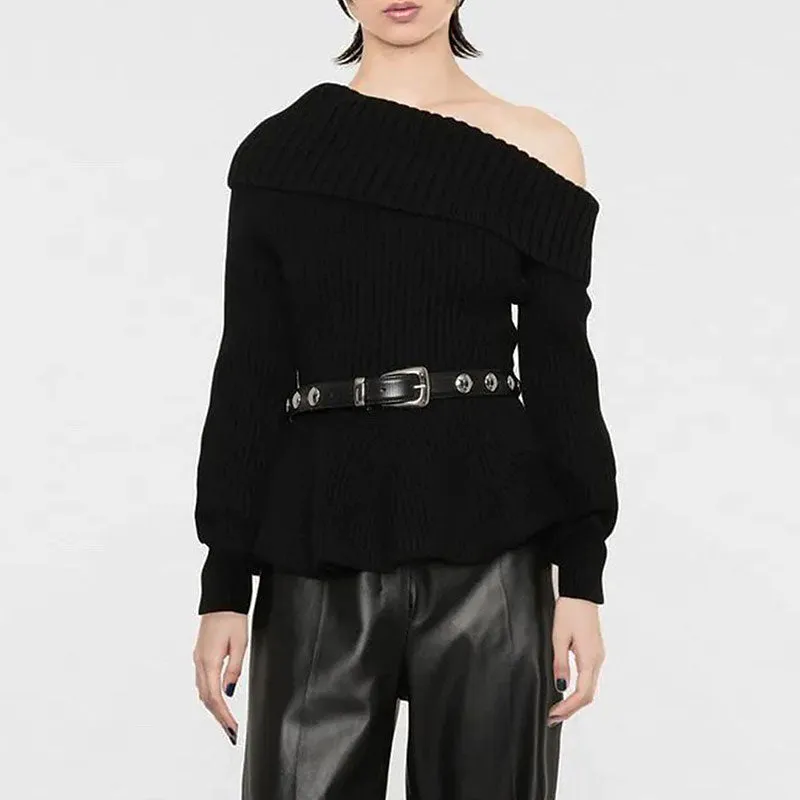 Feminine Folded Collar One Shoulder Ribbed Knit Peplum Sweater