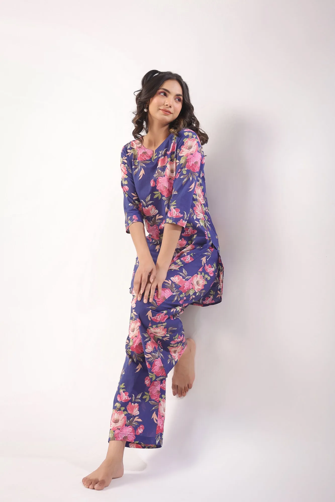 Floral Bouquet on Indigo Cotton Lounge Co-ord Set