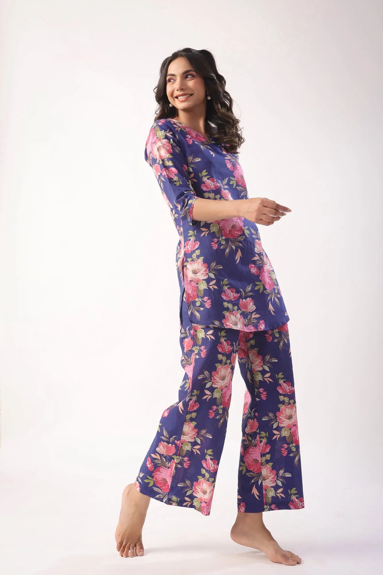 Floral Bouquet on Indigo Cotton Lounge Co-ord Set