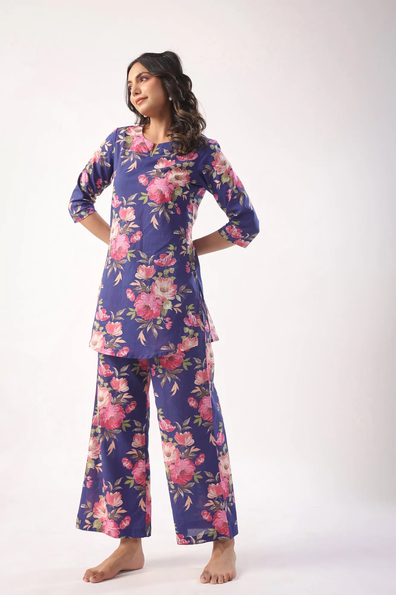 Floral Bouquet on Indigo Cotton Lounge Co-ord Set