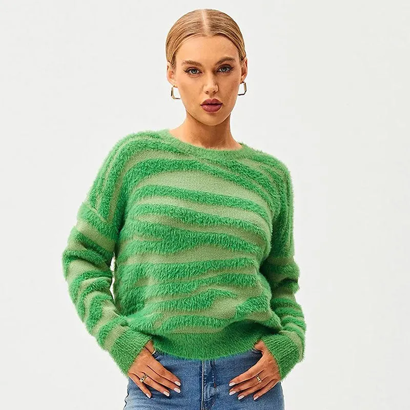 Fluffy Green Zebra Pattern Crew Neck Drop Sleeve Pullover Sweater