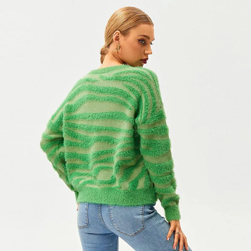 Fluffy Green Zebra Pattern Crew Neck Drop Sleeve Pullover Sweater