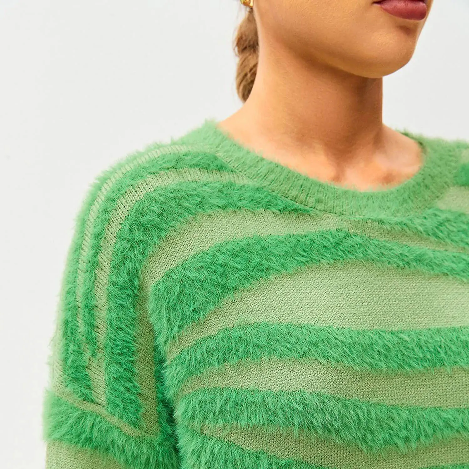 Fluffy Green Zebra Pattern Crew Neck Drop Sleeve Pullover Sweater