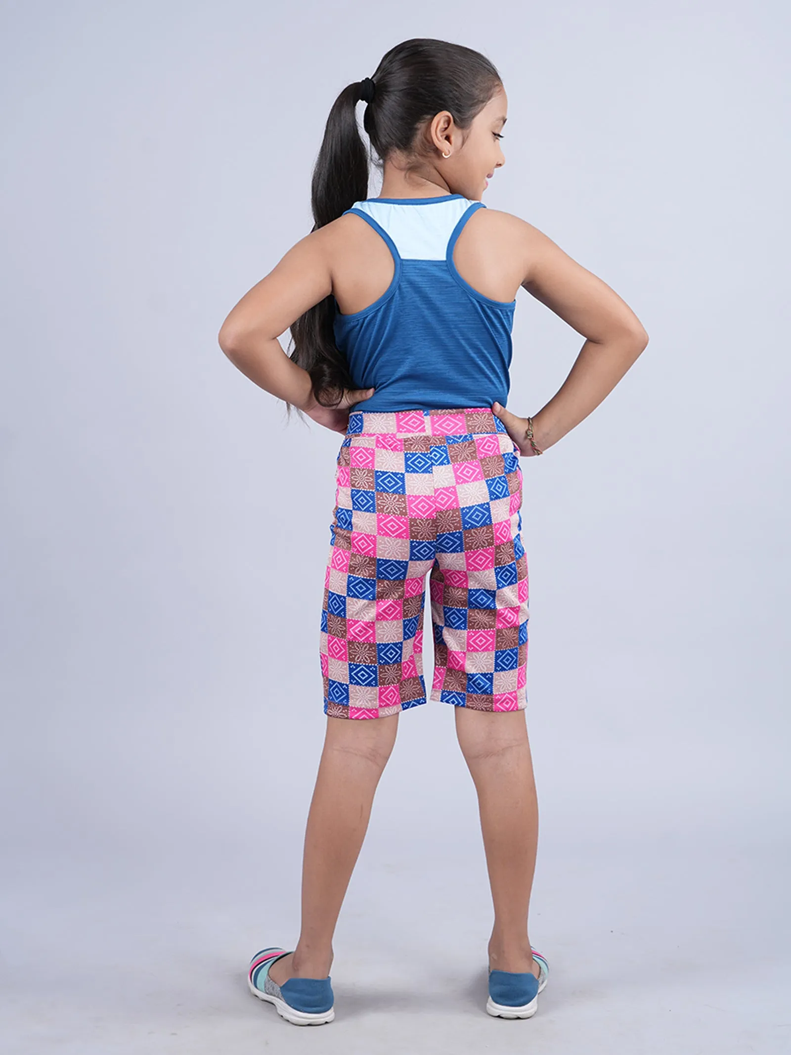 Girls Cut & Sew Round Neck Tank Top & Cycling Shorts  Set