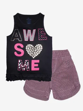 Girls Printed Sleeveless Tee & Polka Print Design Hot Short Set