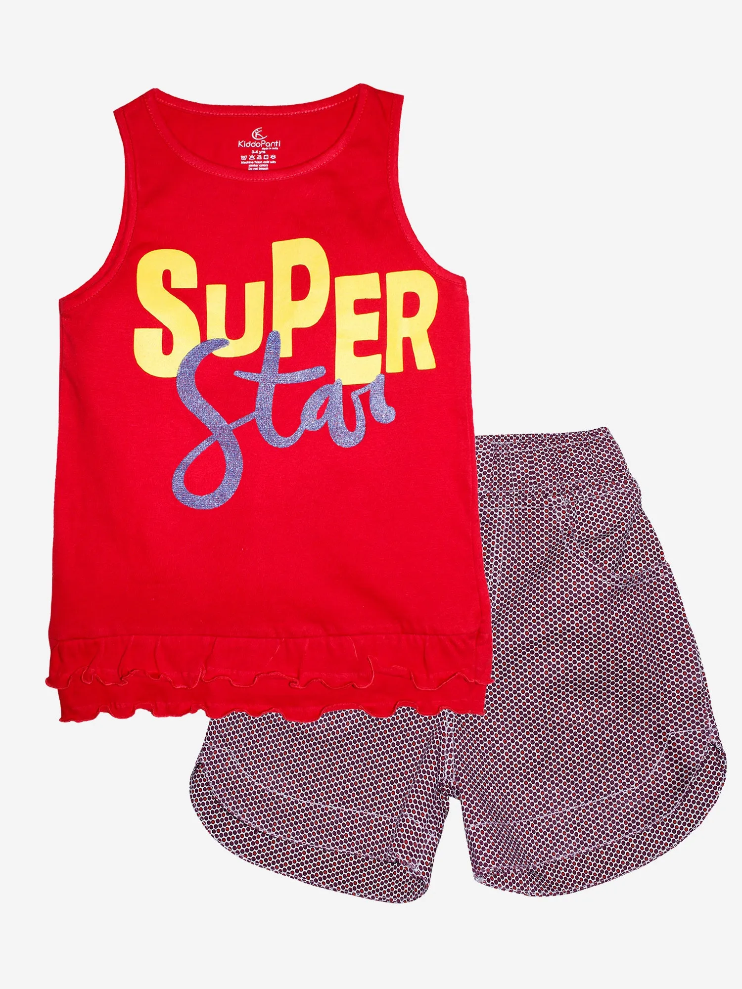 Girls Printed Sleeveless Tee & Polka Print Design Hot Short Set