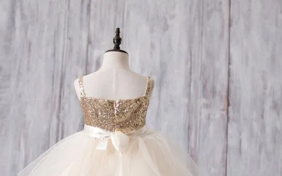 Gold Sequin Top Tulle Flower Girl Dresses, Lovely Tutu Dresses for Little Girl, FG052