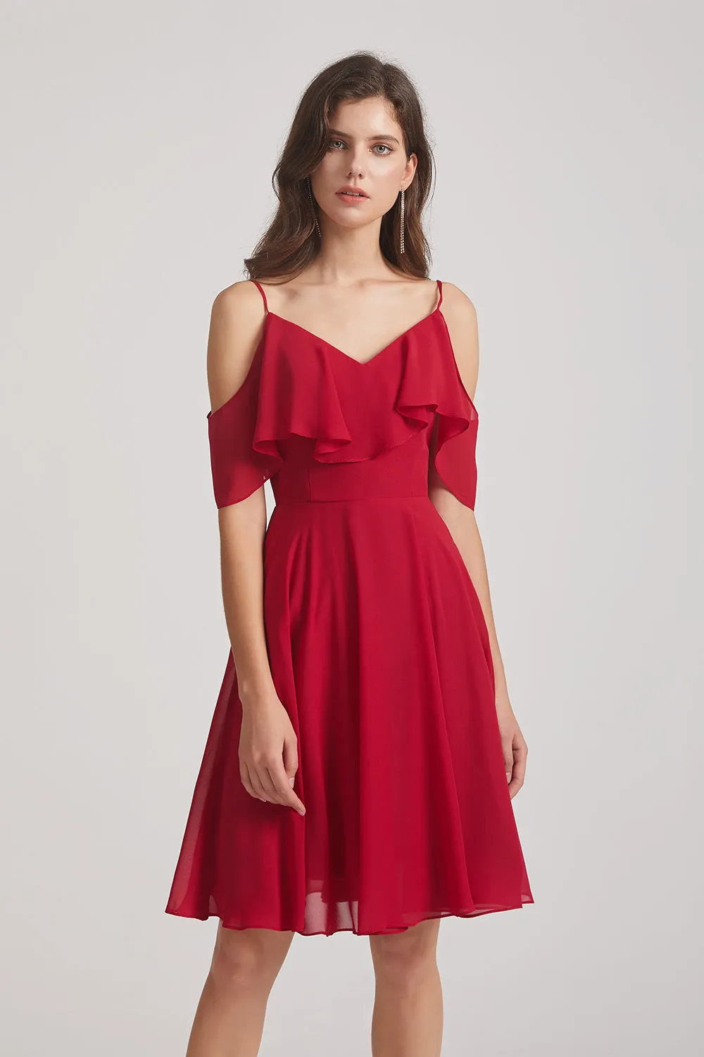 Knee Length Cold Shoulder Flounce Chiffon Bridesmaid Dresses (AF0079)