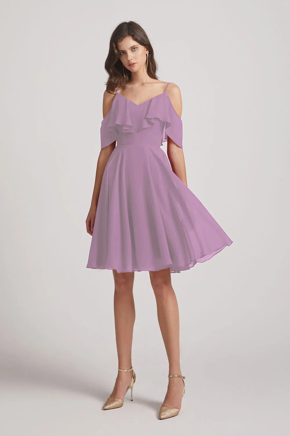 Knee Length Cold Shoulder Flounce Chiffon Bridesmaid Dresses (AF0079)