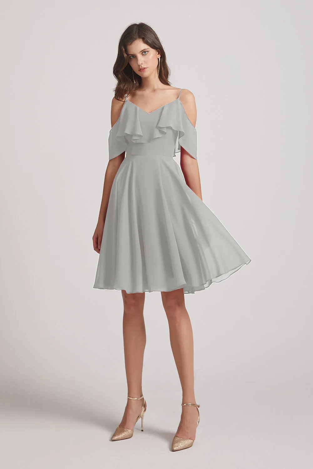 Knee Length Cold Shoulder Flounce Chiffon Bridesmaid Dresses (AF0079)