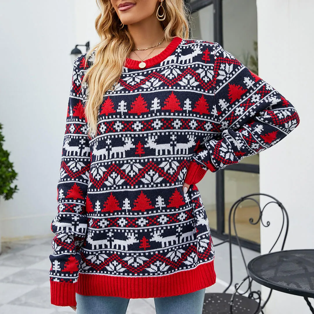 Leisure Rib Knit Long Sleeve Nordic Fair Isle Pullover Christmas Sweater