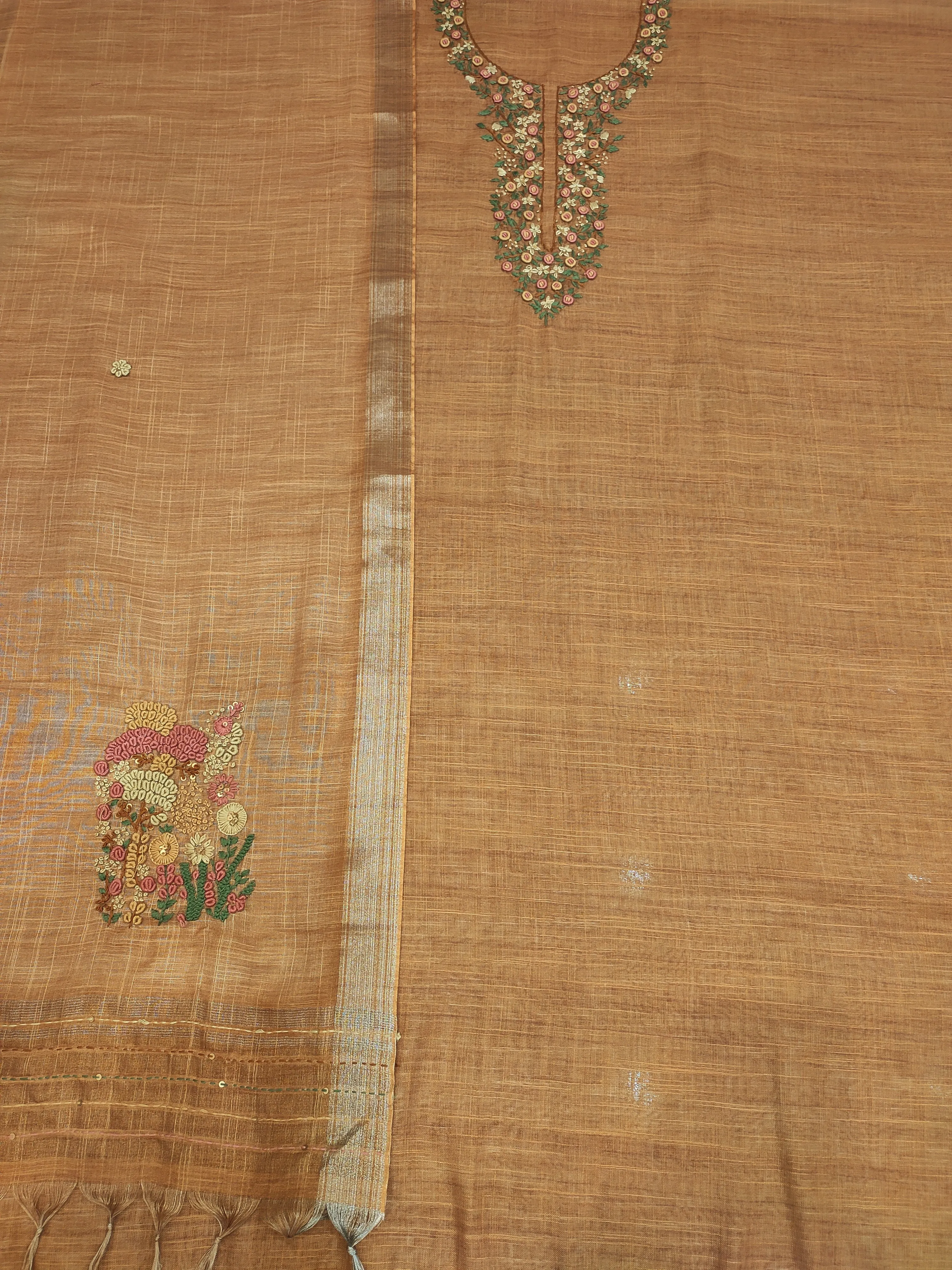 Light Brown Linen Silk Unstitched Suit With Thread Embroidery