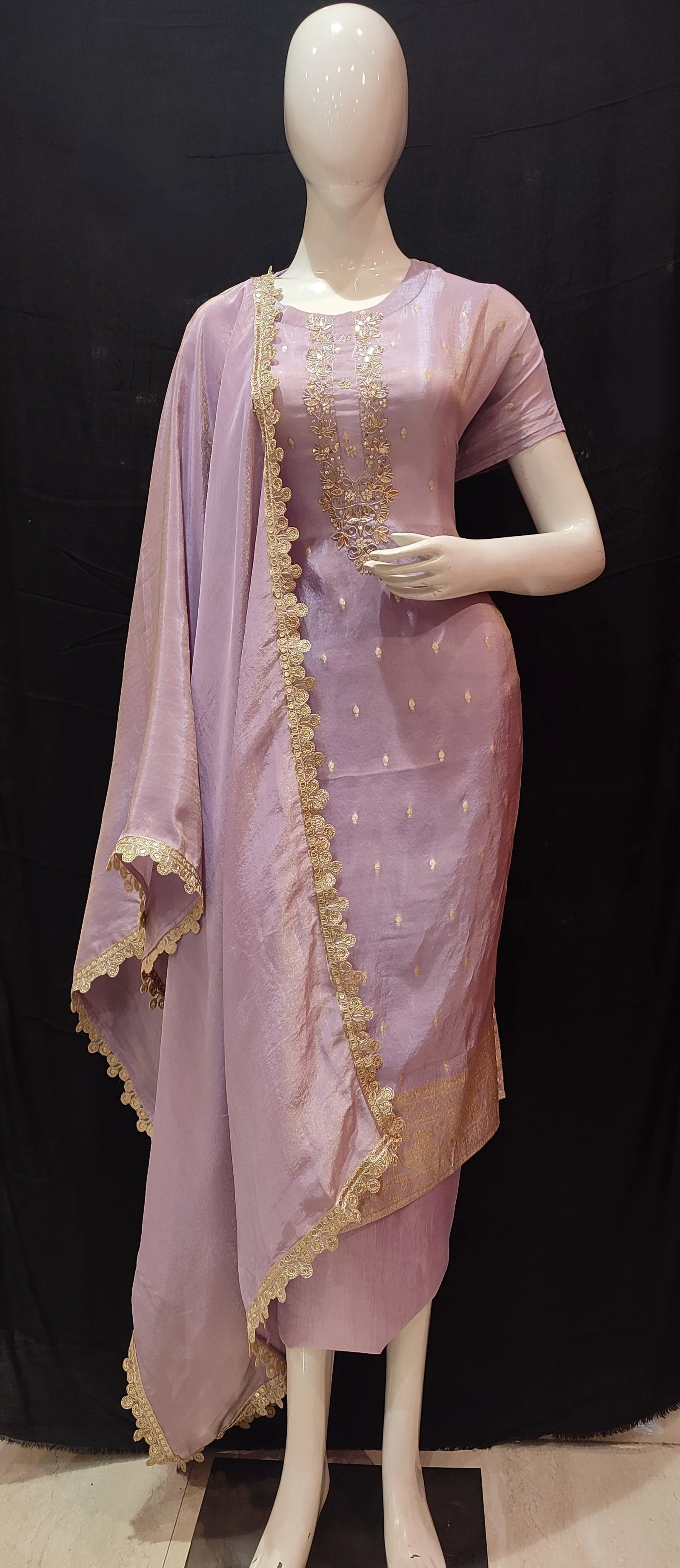 Lilac Shimmer Silk Semi-Stitch Suit With Gotapatti And Dabka Handwork