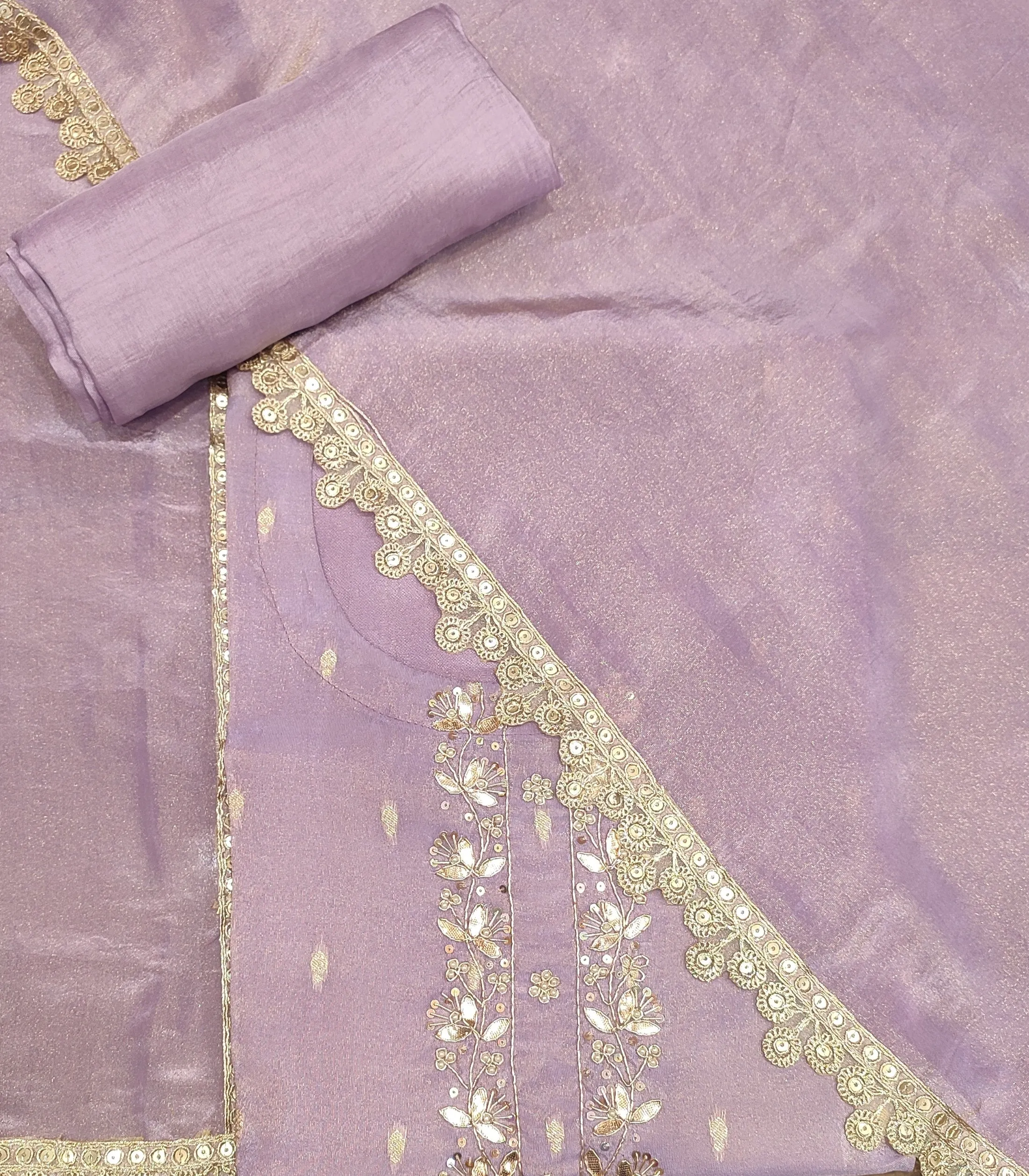 Lilac Shimmer Silk Semi-Stitch Suit With Gotapatti And Dabka Handwork