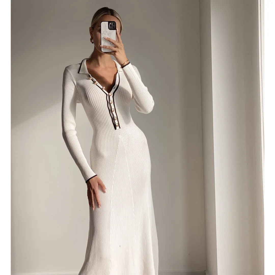 LYRA Ivory Long Sleeve Flowy Fitted Midi Knit Dress