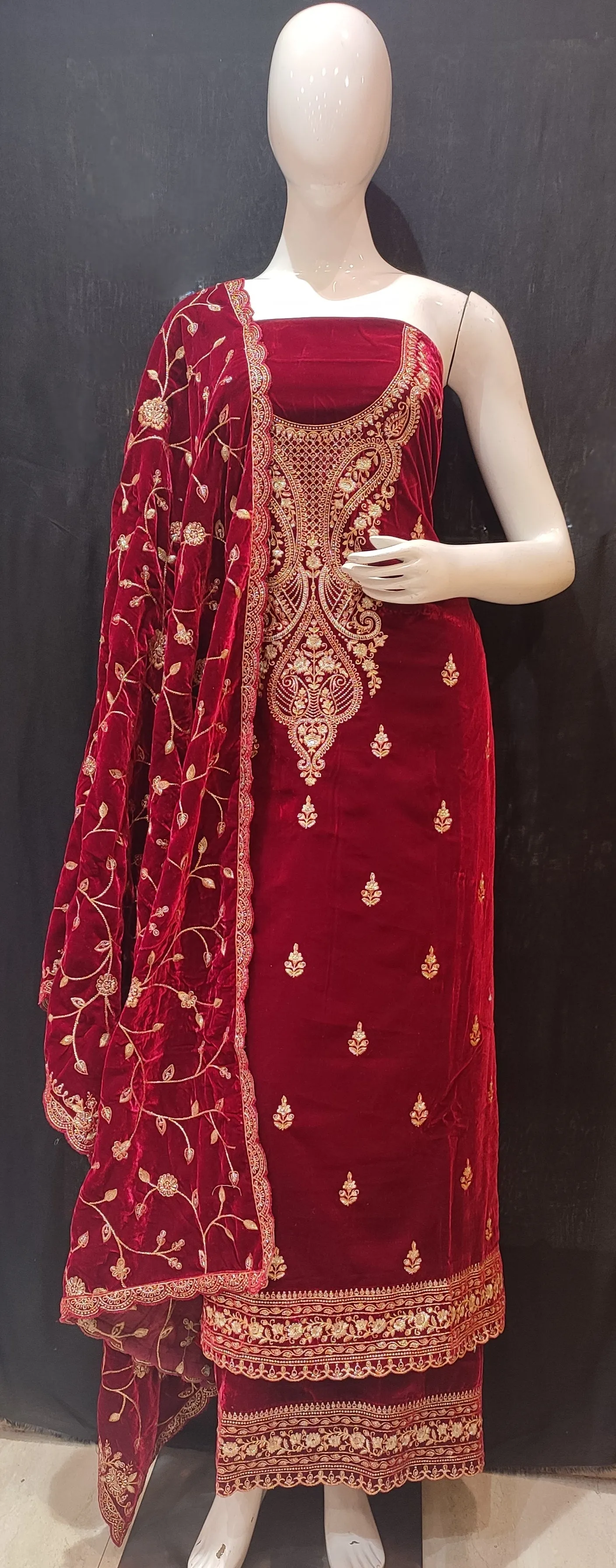 Maroon Velvet Unstitched Suit With Golden Embroidery