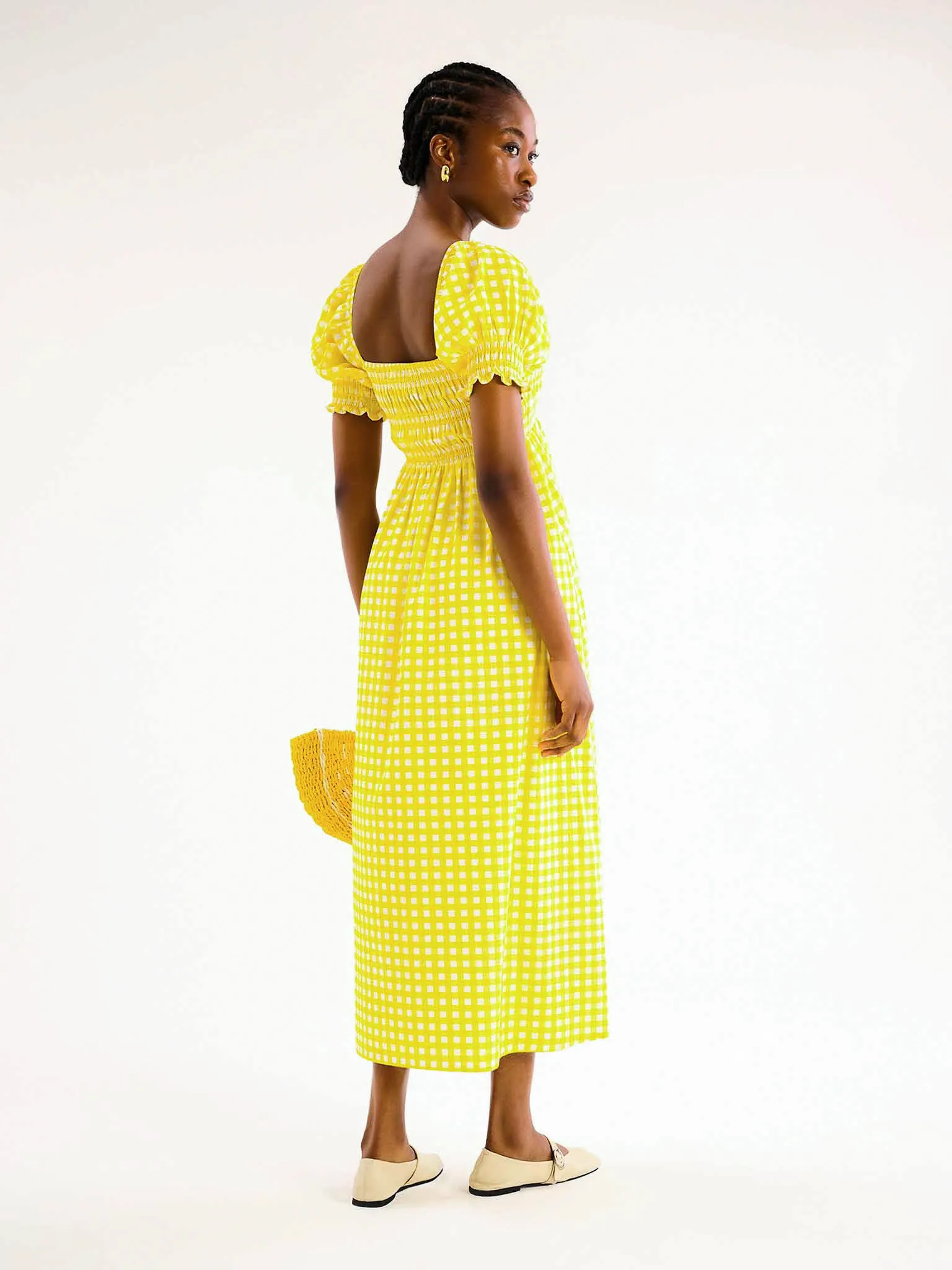 Megan Gingham Print Shirred Midi Dress in Yellow